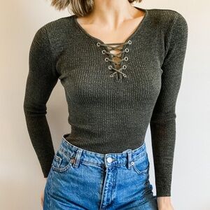 No Boundaries Juniors Green Olive Marl Lace Up Neck Long Sleeve Ribbed Sweater